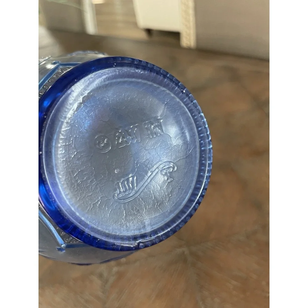 Vtg Blue Pressed Glass Flower Arranging Vase Jar With Wire Floral 